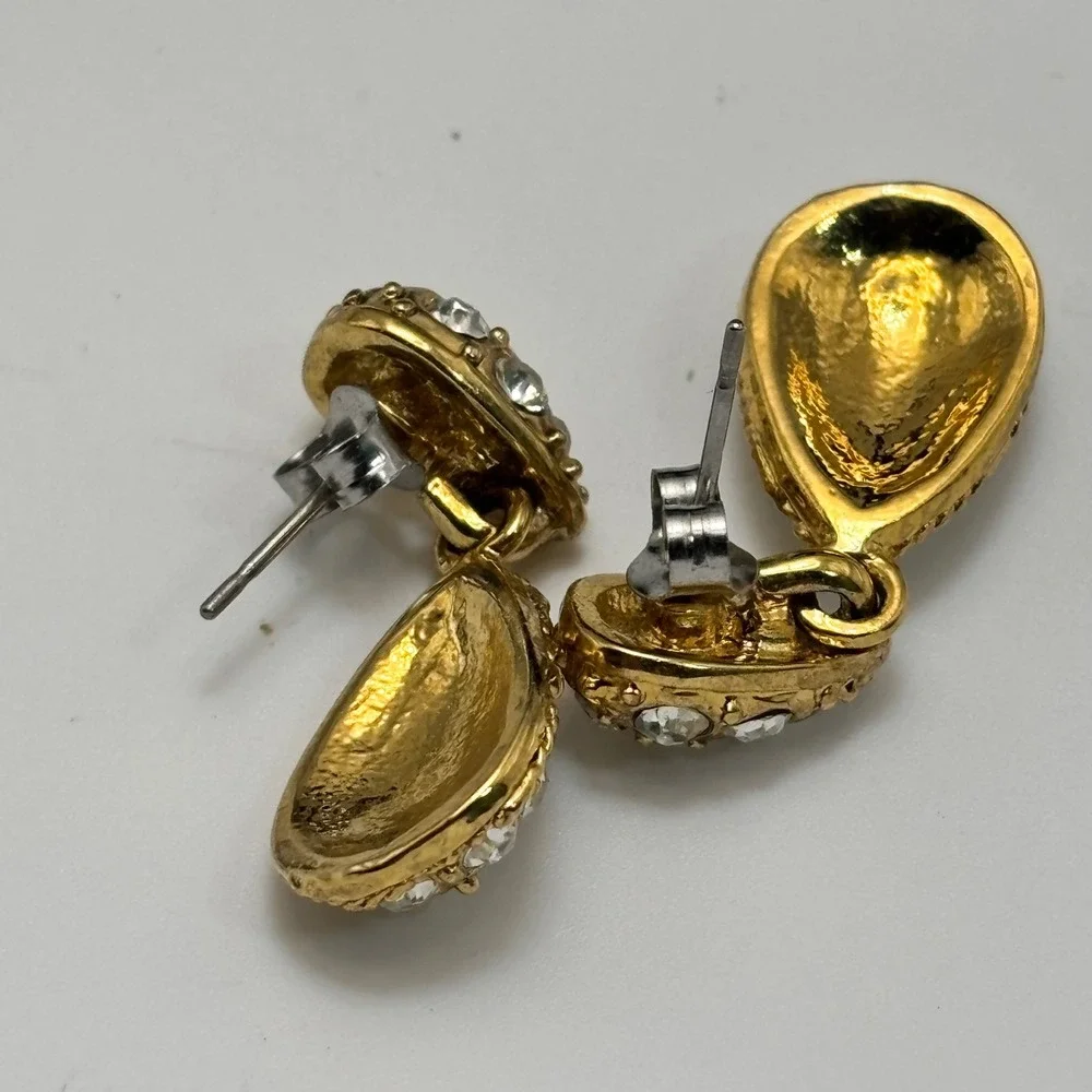 Vintage 80s Gold Pavé Rhinestone Teardrop Drop Dangle‎ Earrings Sparkly